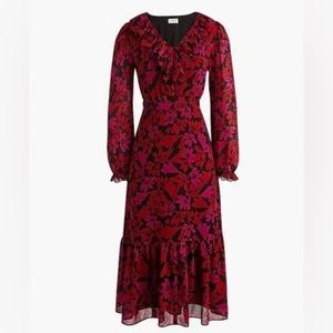 EUC J. Crew Floral Ruffle Neck Midi Dress